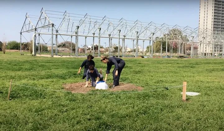 Conserve Nº1. Site-specific work conducted by The Triangular Collective in September 2018 in the university community of Santa Fe (Argentina). Performative action of gathering objects from the community and excavation of a hole in the ground for a subsequent ritual burial of these objects.
