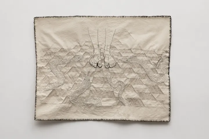 Sangre Caliente（中译《温血》），2022年。带有发绣图案的棉质帆布，60x70公分。摄：Catalina Romero
